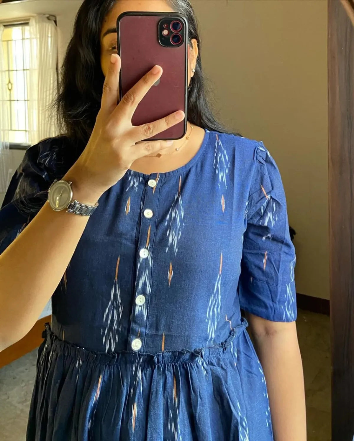 Libas Kurta Blue Ikat Cotton Flair Middy Gown For Women