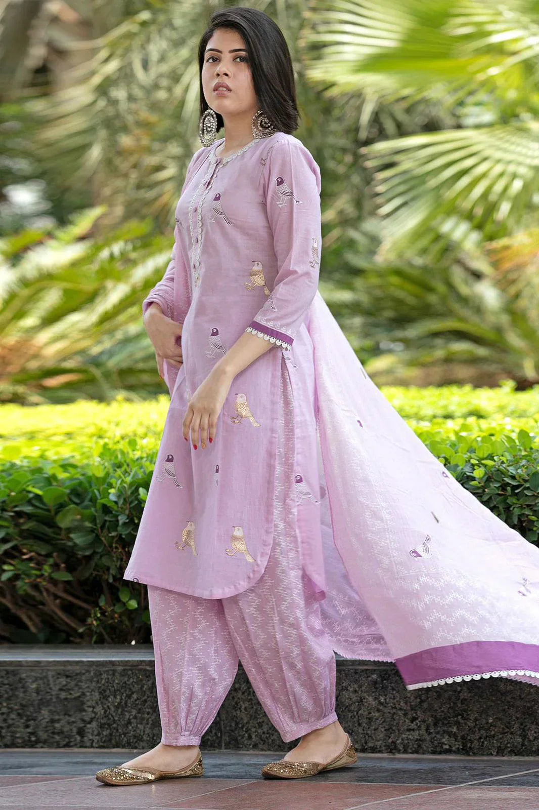 Libas Bird Printed Cotton Kurta And Pant Set With Dupatta