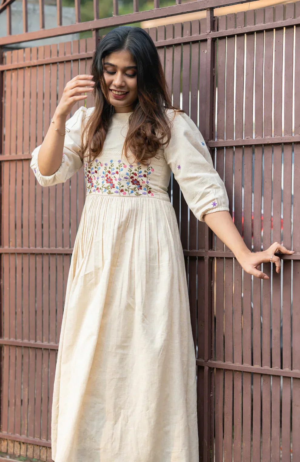 Libas Off-White Flex Cotton Dress With Floral Embroidery And Crochet Lace Detailing On Yoke And Sleeves