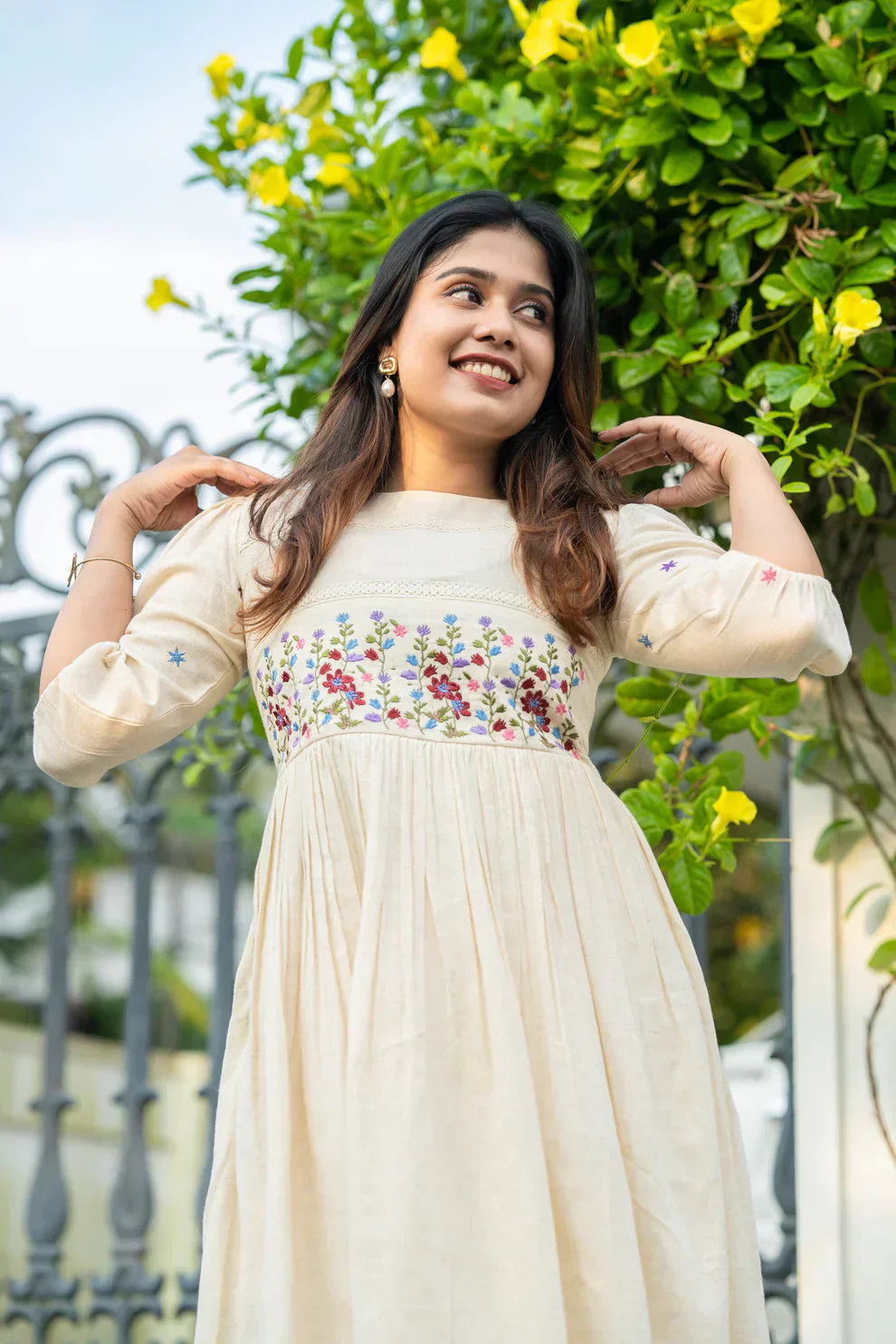 Libas Off-White Flex Cotton Dress With Floral Embroidery And Crochet Lace Detailing On Yoke And Sleeves