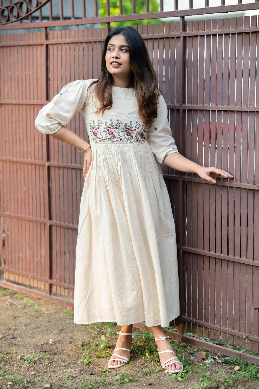 Libas Off-White Flex Cotton Dress With Floral Embroidery And Crochet Lace Detailing On Yoke And Sleeves