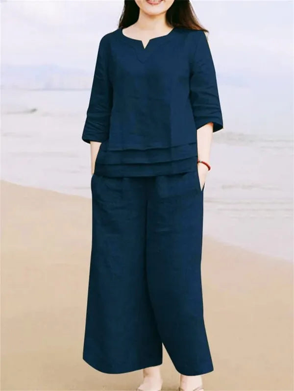 Libas Navy Blue Cotton Casual Co-Ord Set For Women