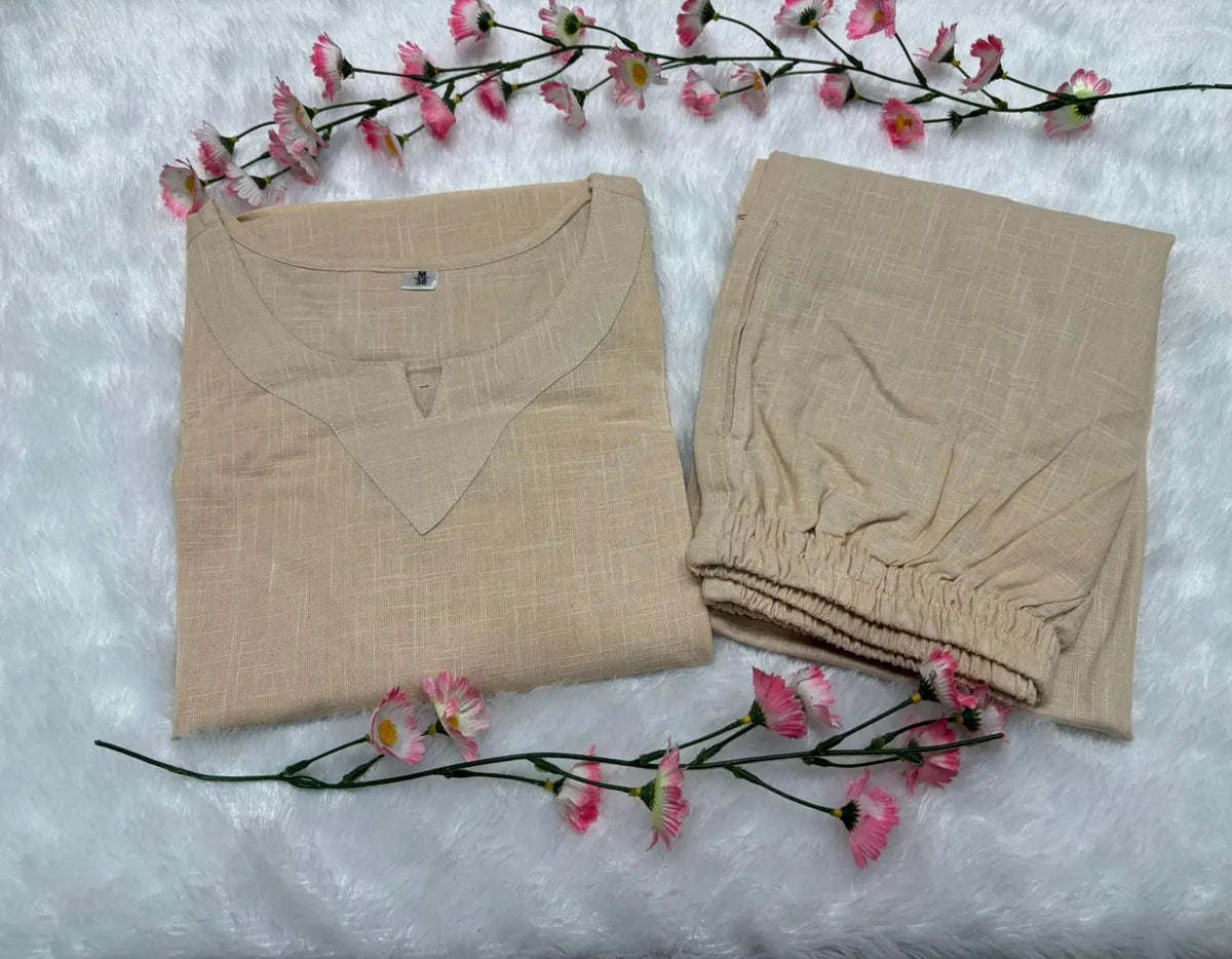 Libas Off White Cotton Casual Loose Solid Tracksuit Outfits