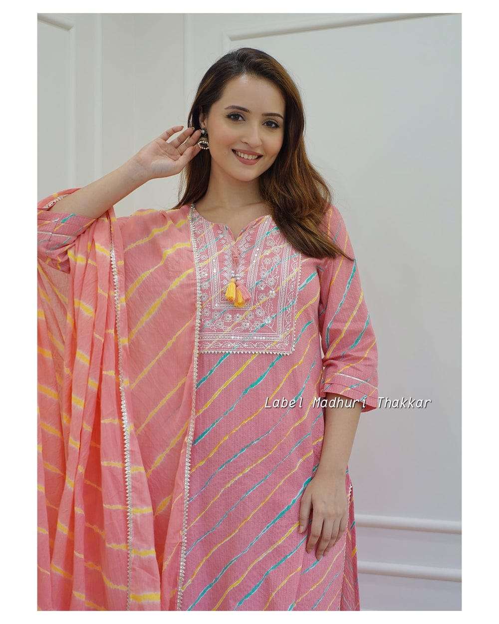 Libas Pink Leheriya Cotton Blend Embroidered Suit Set For Women