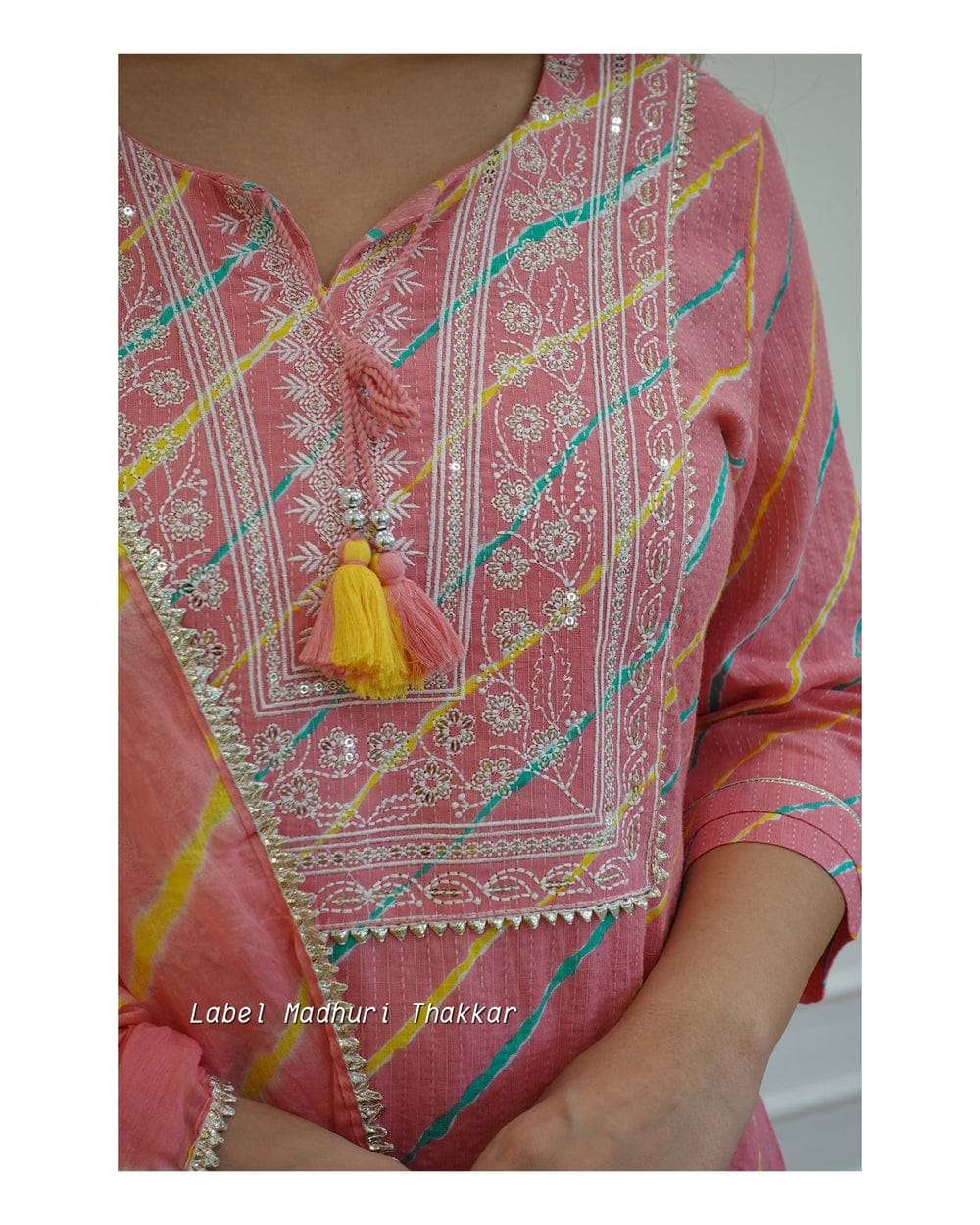 Libas Pink Leheriya Cotton Blend Embroidered Suit Set For Women