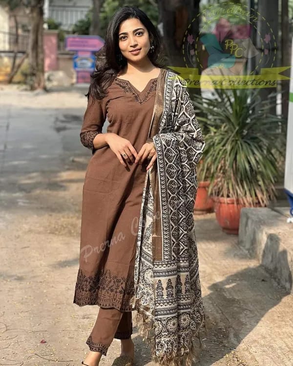 Libas Coffee Brown Embroidered Cotton Kurti With Pant And Khaddar Silk Digital Print Dupatta