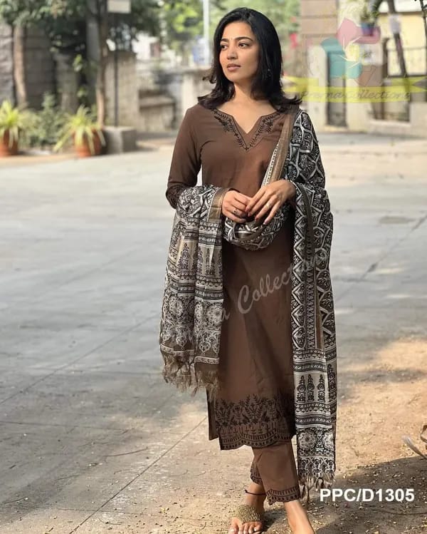 Libas Coffee Brown Embroidered Cotton Kurti With Pant And Khaddar Silk Digital Print Dupatta