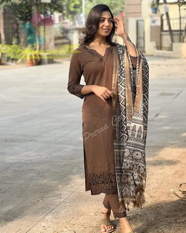 Libas Coffee Brown Embroidered Cotton Kurti With Pant And Khaddar Silk Digital Print Dupatta