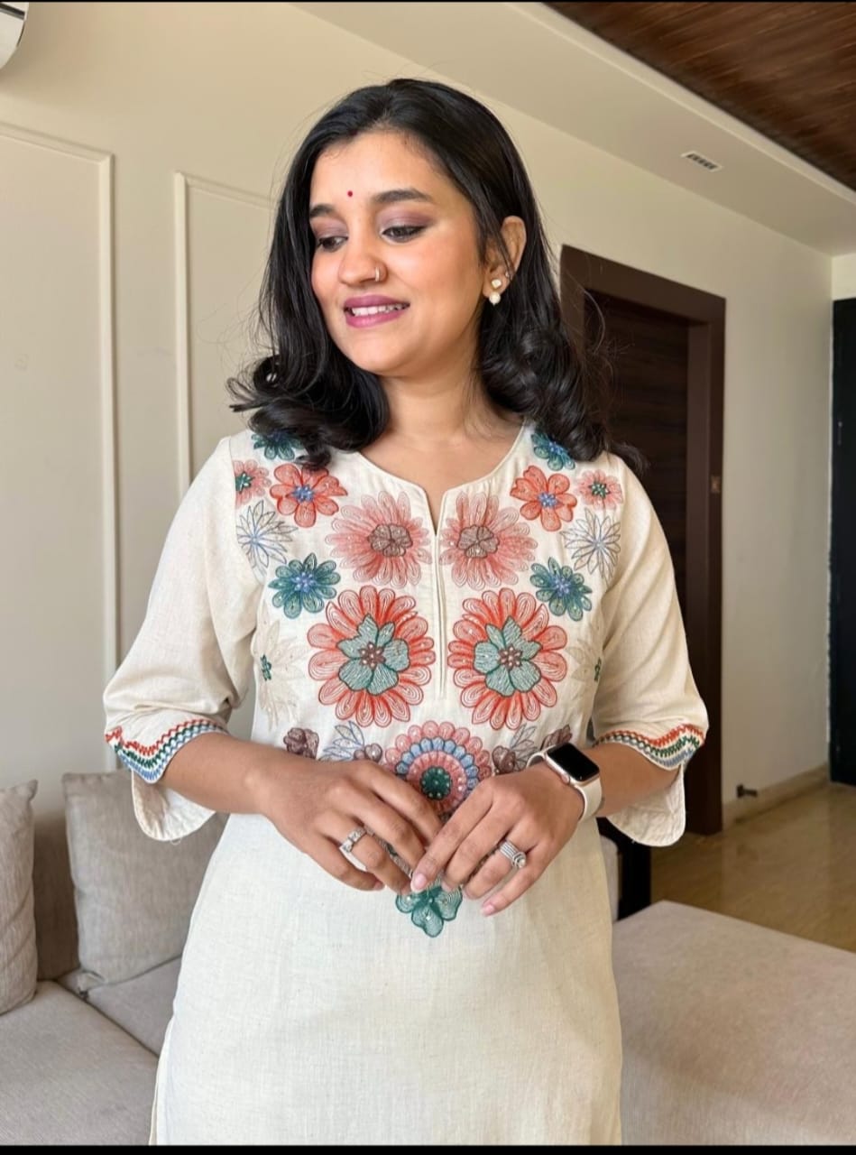 Libas Off White Embroidered Cotton Flex Kurta And Pant Set
