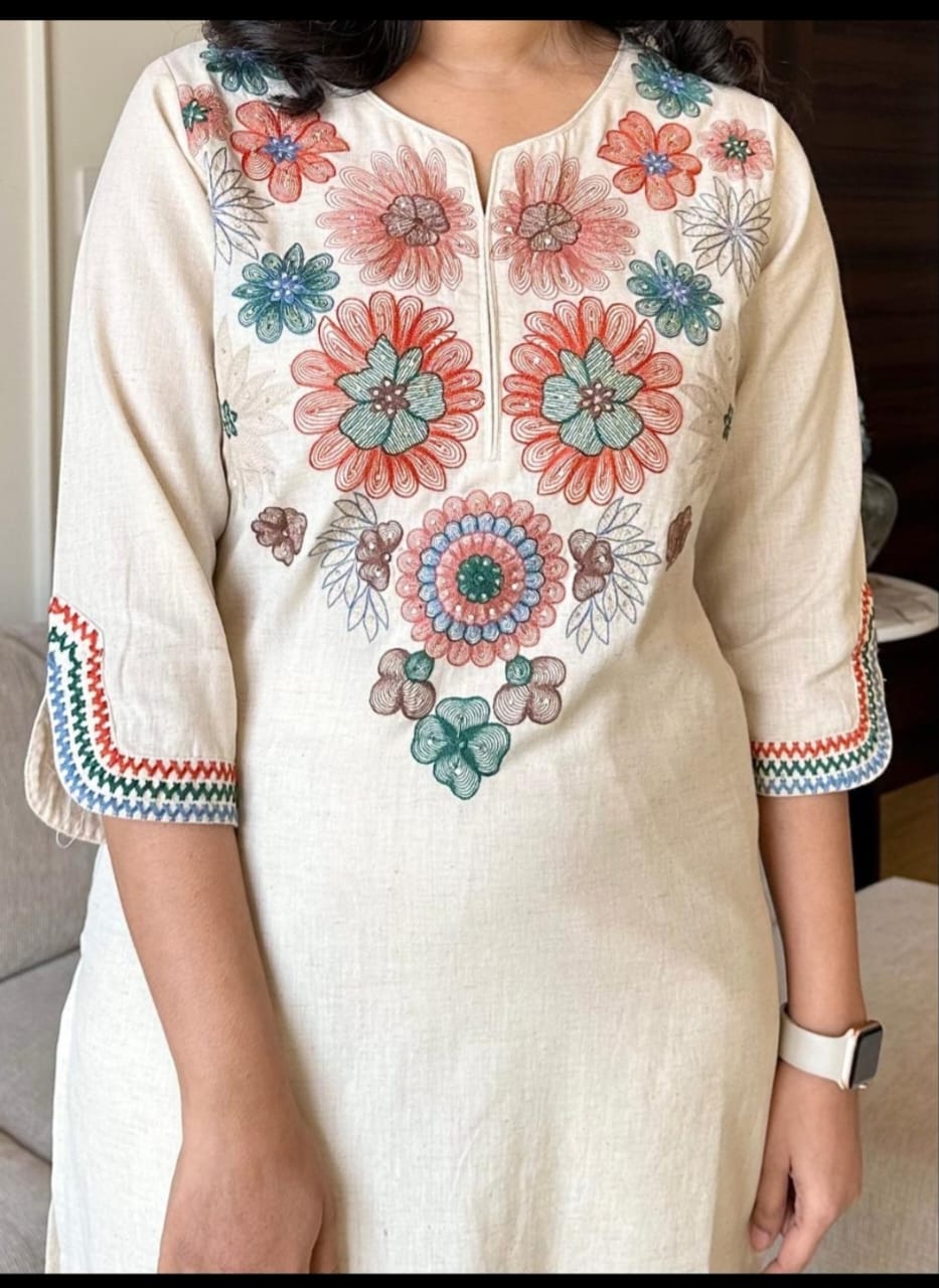 Libas Off White Embroidered Cotton Flex Kurta And Pant Set