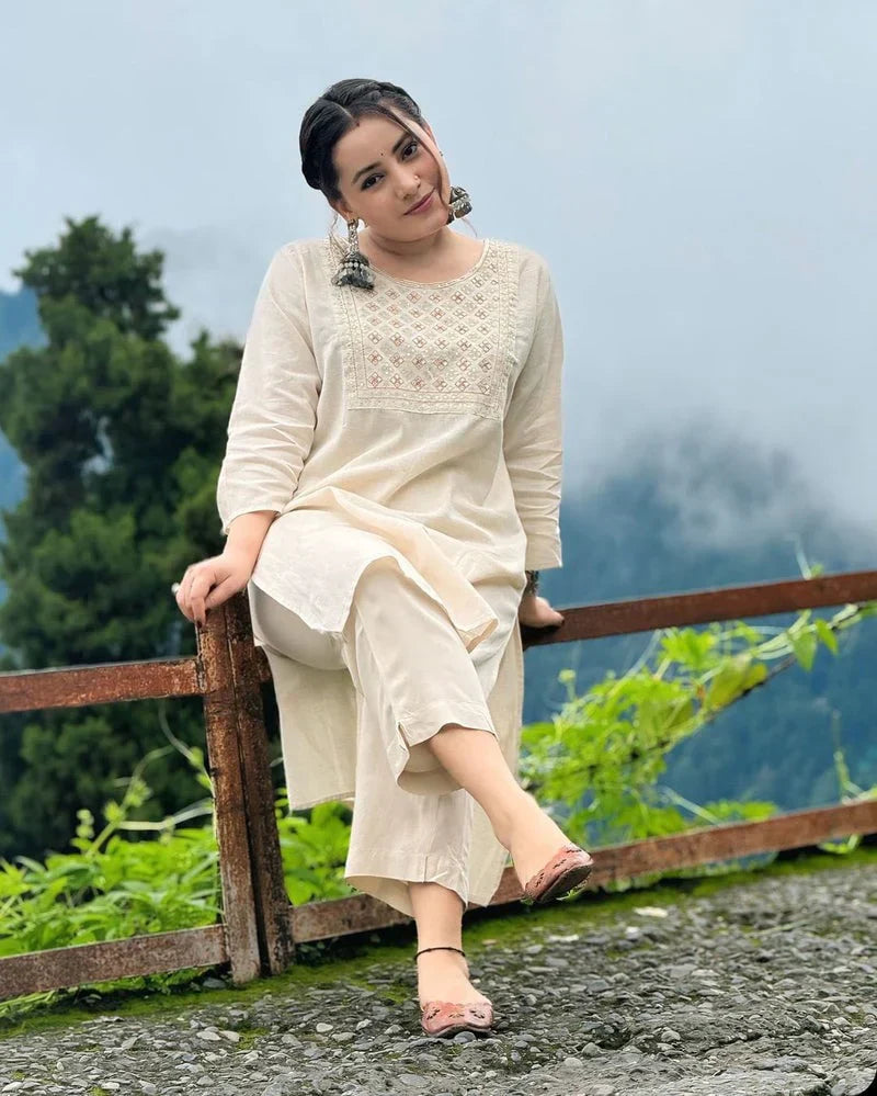 Libas Off White Embroidered Cotton Kurta And Pant Set