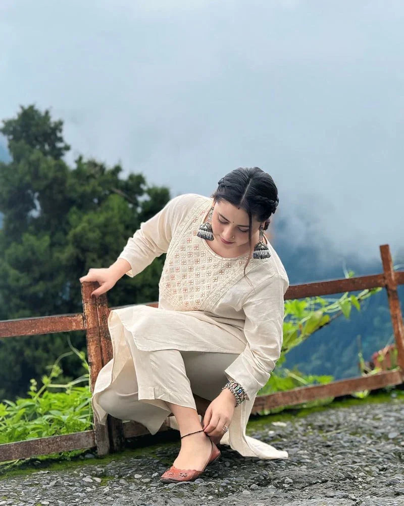 Libas Off White Embroidered Cotton Kurta And Pant Set