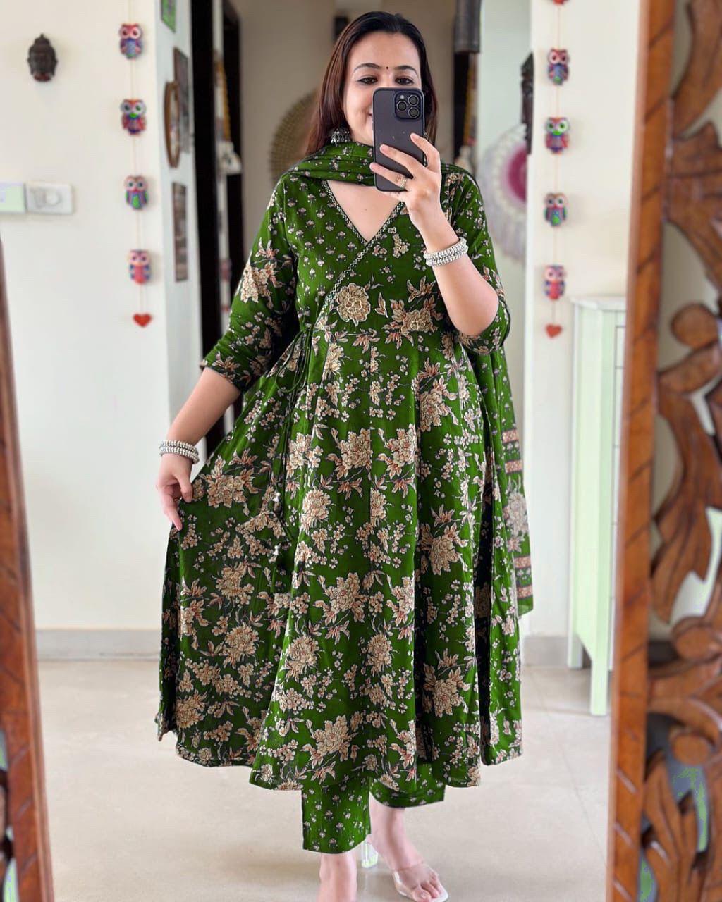 Libas Anarkali Kurta Set With Angrakha Style For Women( Green )