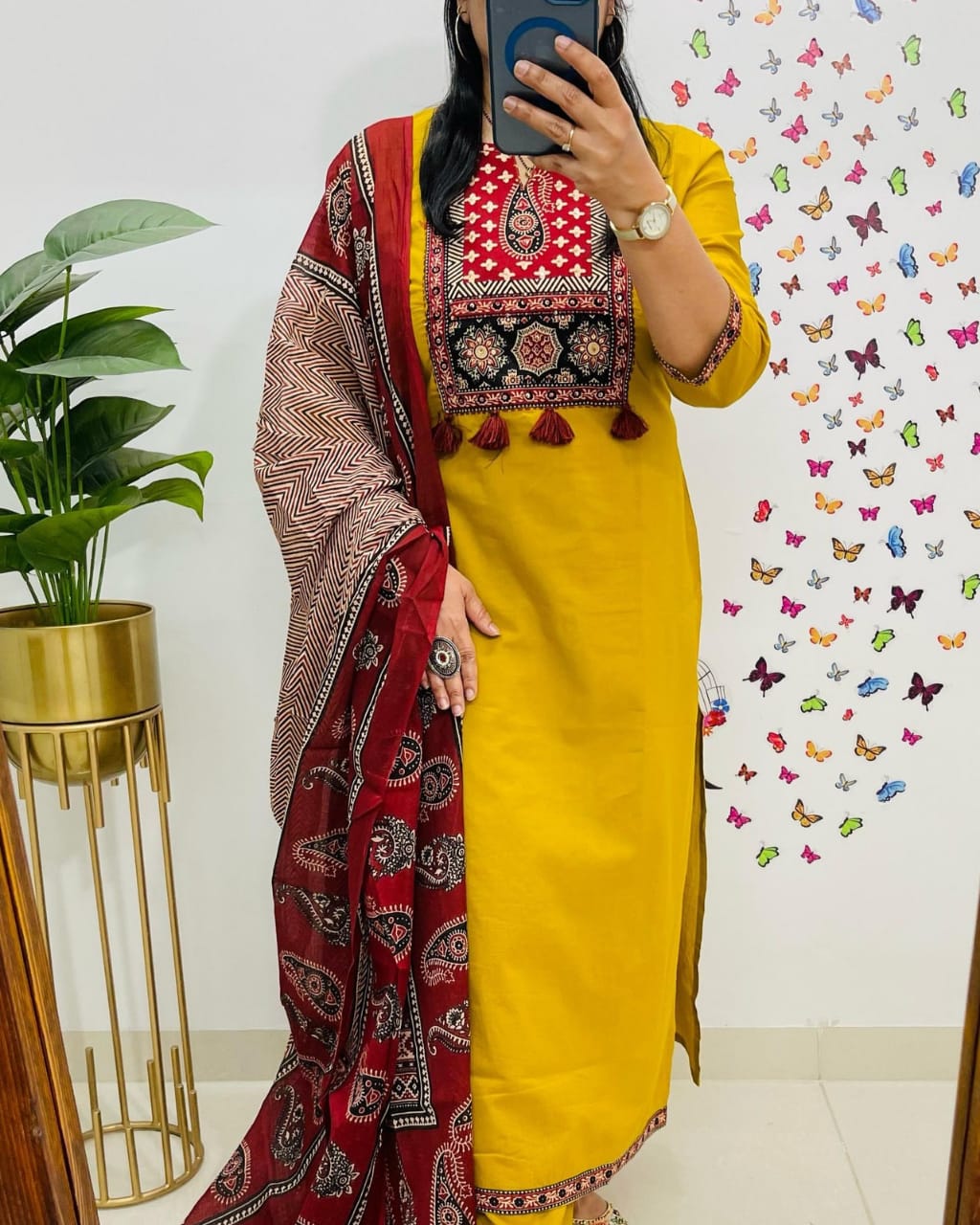 Libas Traditional Mustard Yellow Kurta Set With Ajrak Dupatta