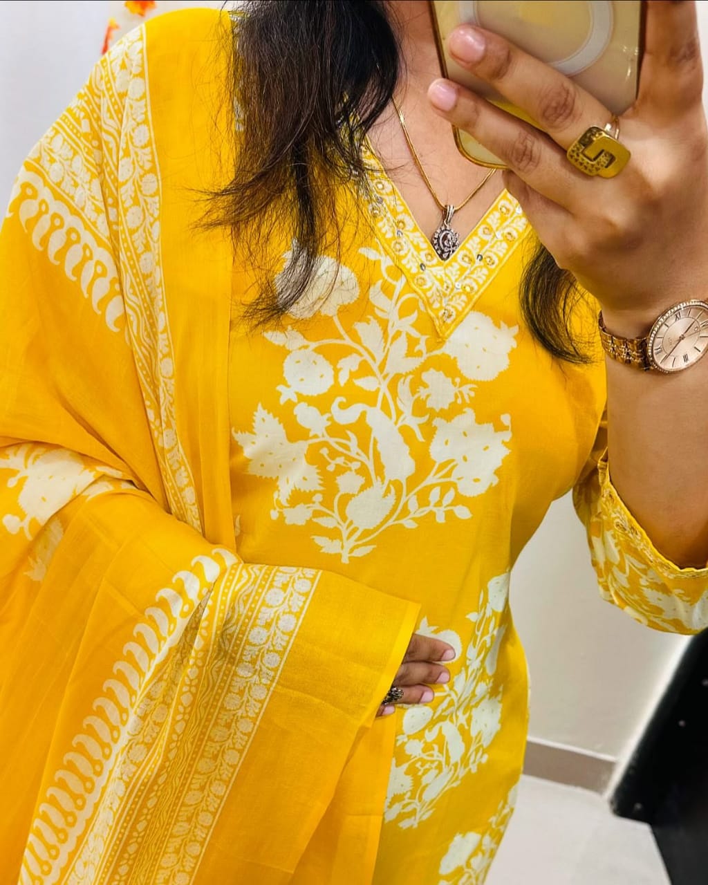 Libas Radiant Yellow Ethnic Ensemble With White Floral Embroidery