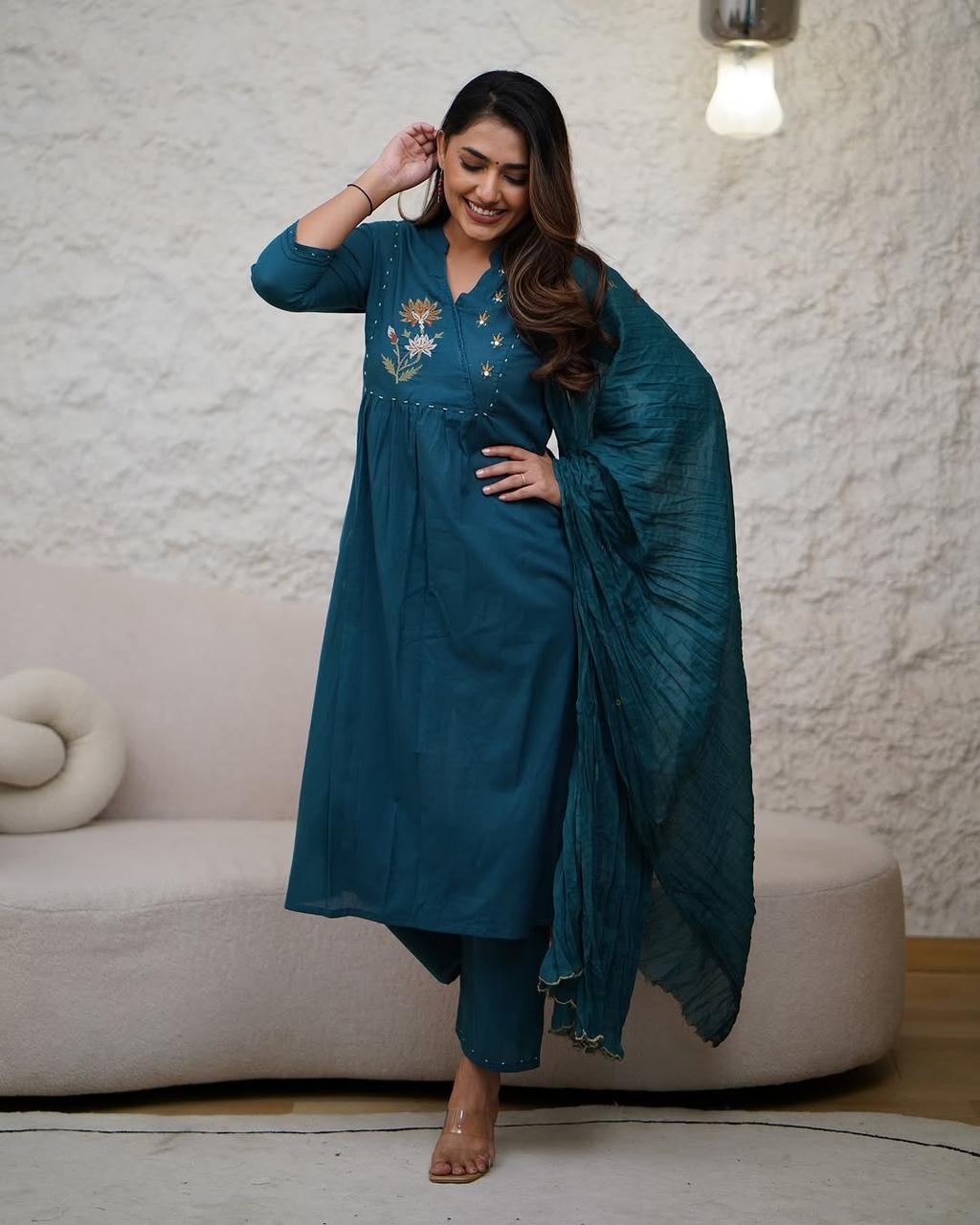 Libas Elegant Teal Embroidered Kurta Set With Dupatta