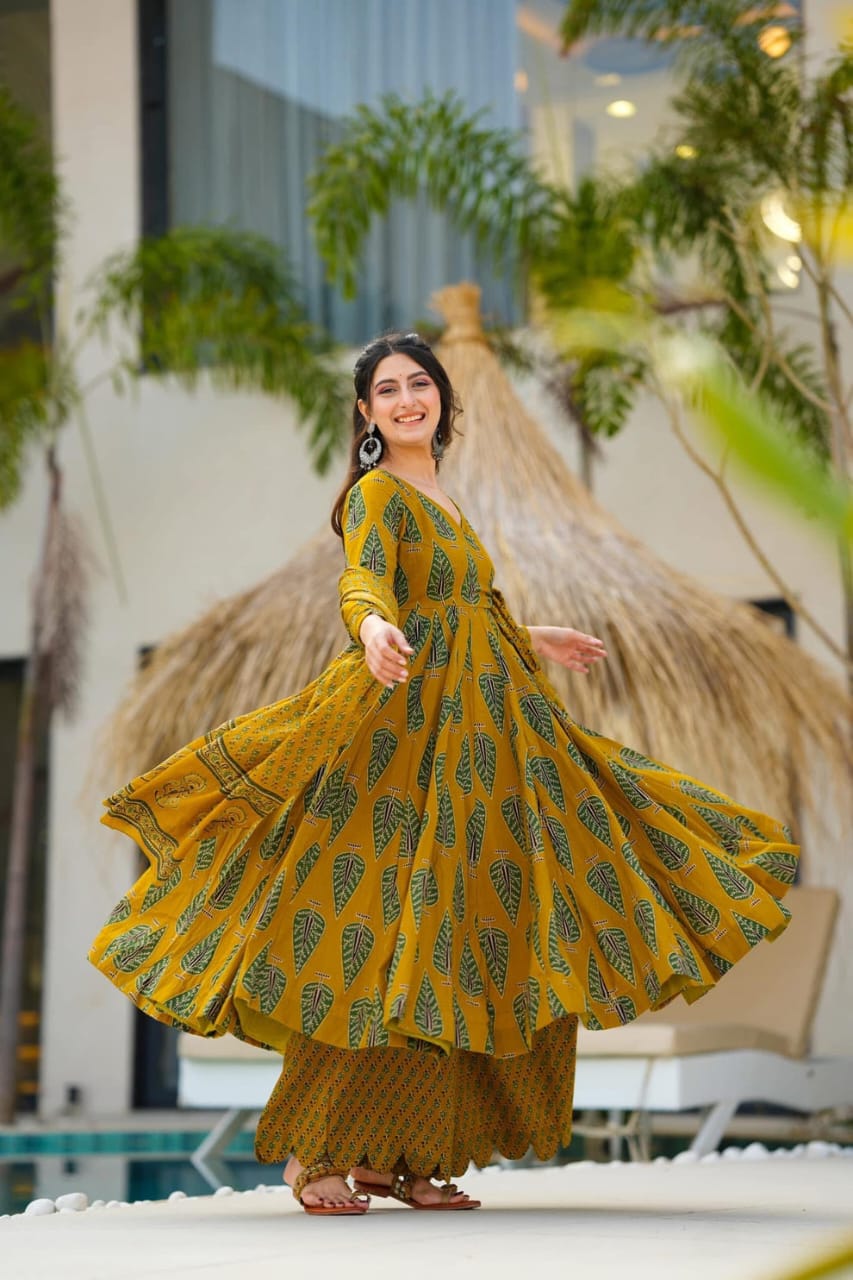 Libas Elegant Mustard Green Ethnic Ensemble With Leaf Motif