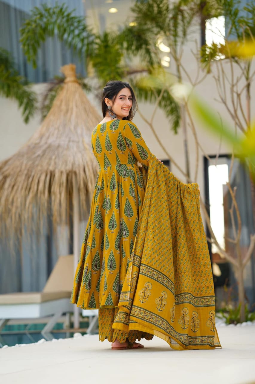 Libas Elegant Mustard Green Ethnic Ensemble With Leaf Motif