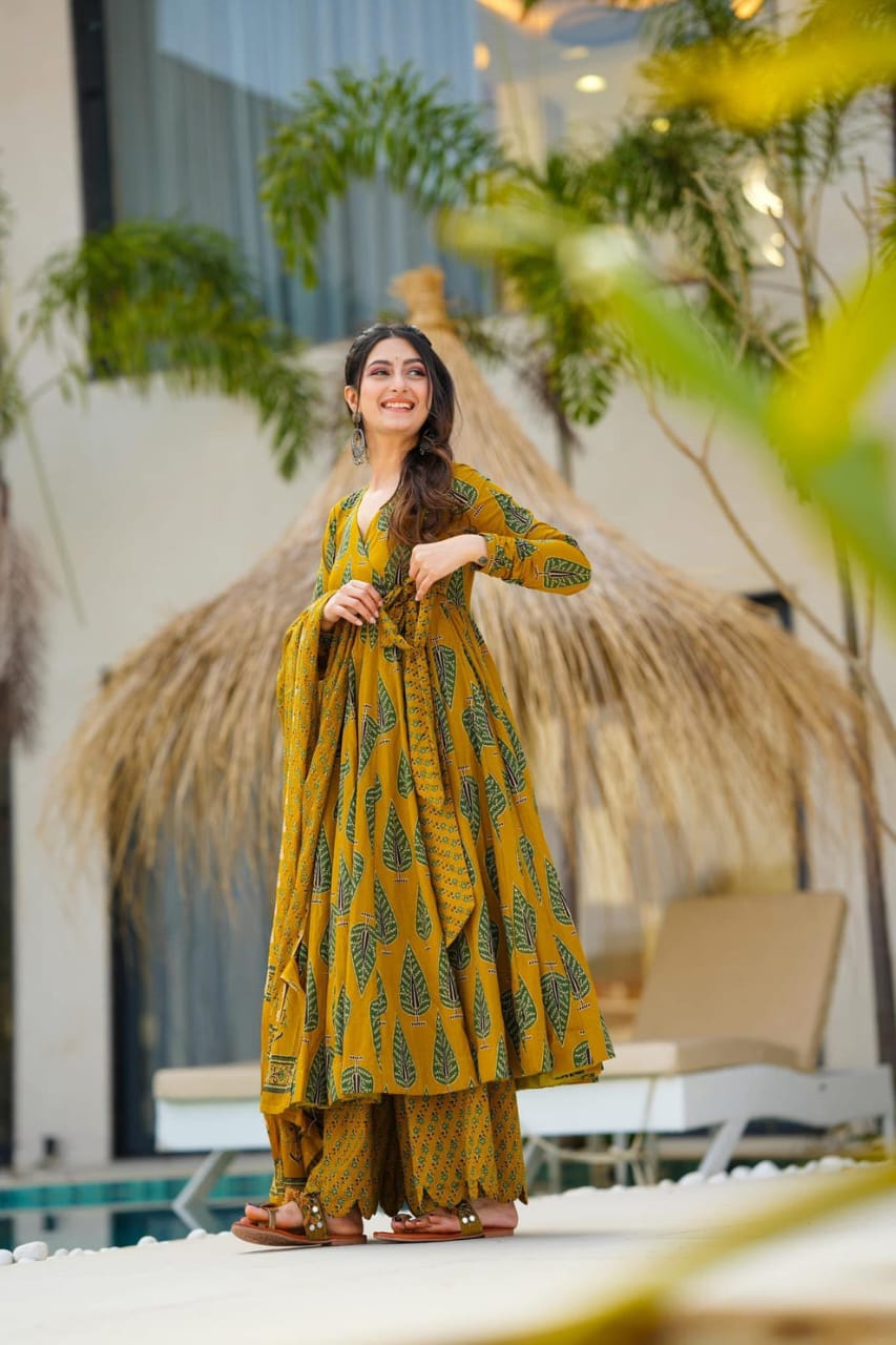 Libas Elegant Mustard Green Ethnic Ensemble With Leaf Motif