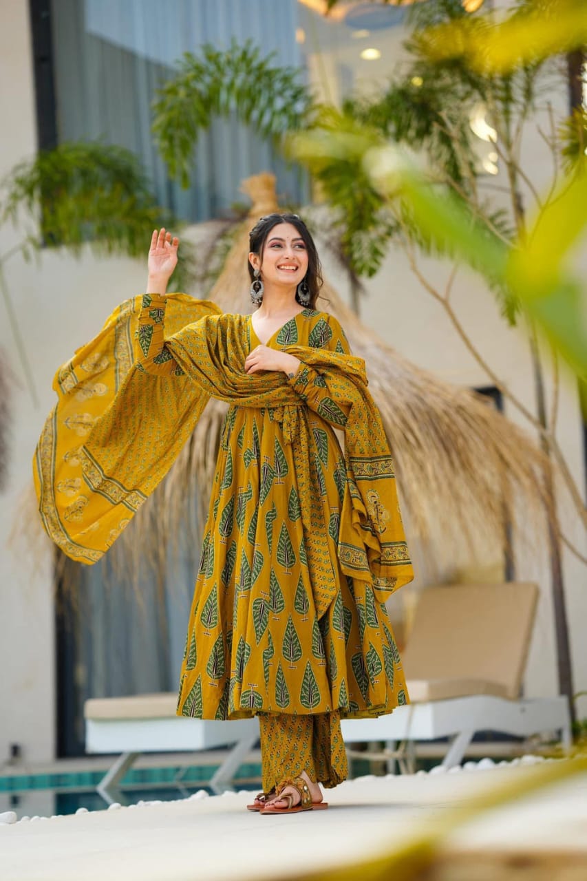 Libas Elegant Mustard Green Ethnic Ensemble With Leaf Motif