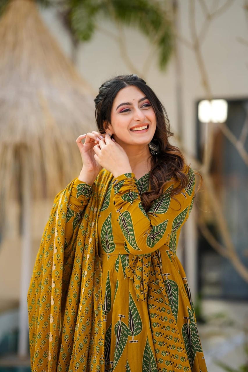 Libas Elegant Mustard Green Ethnic Ensemble With Leaf Motif