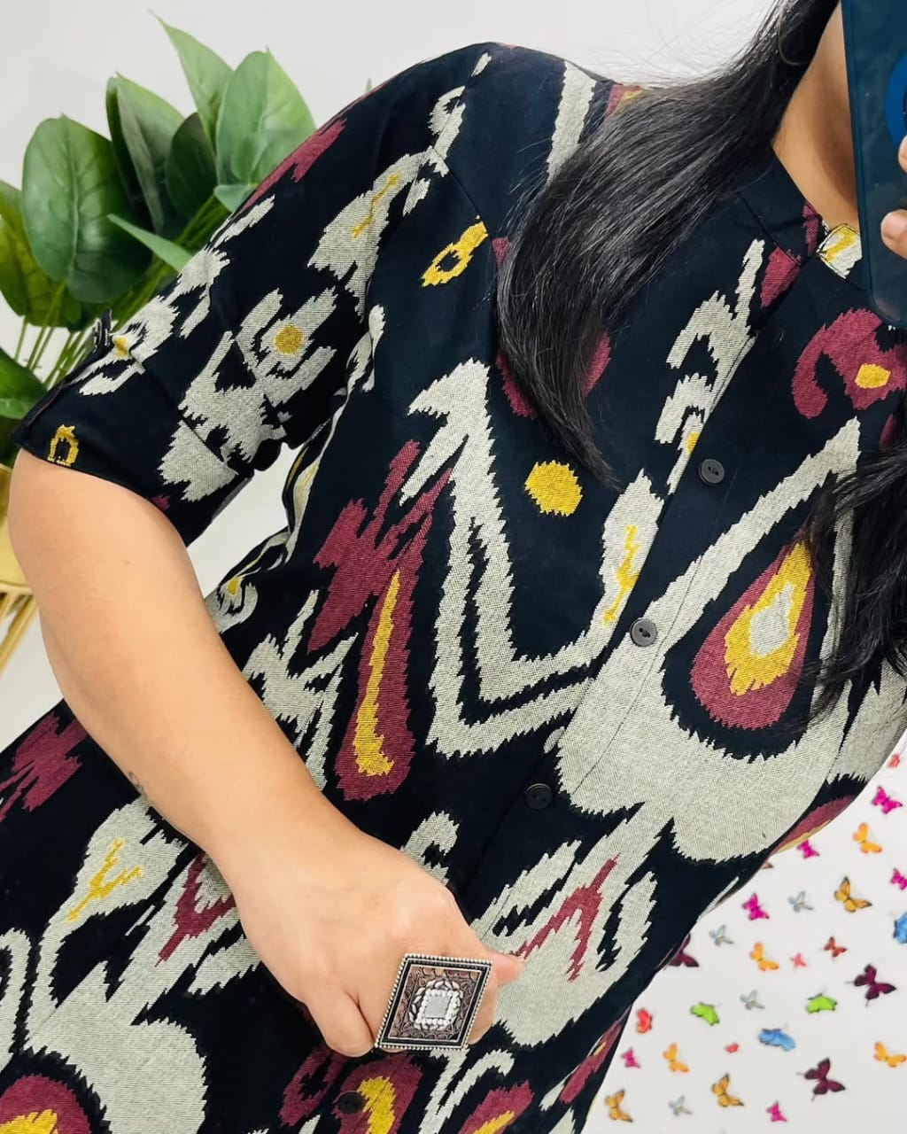 Libas Contemporary Ikat-Printed Black Cotton Kurta Set