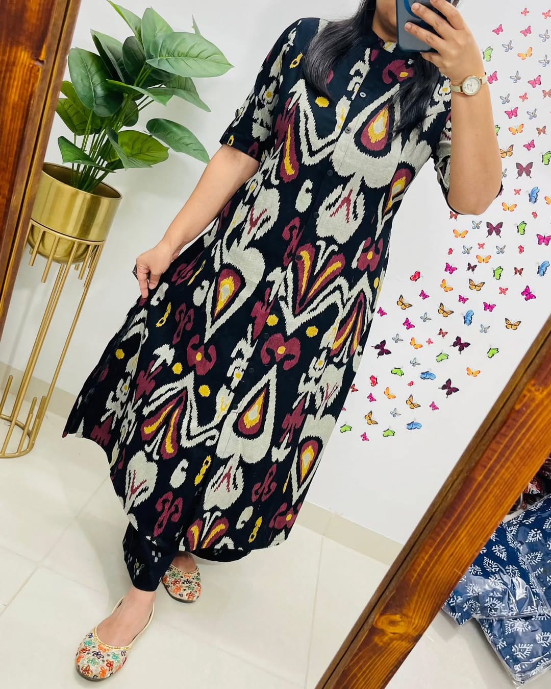 Libas Contemporary Ikat-Printed Black Cotton Kurta Set