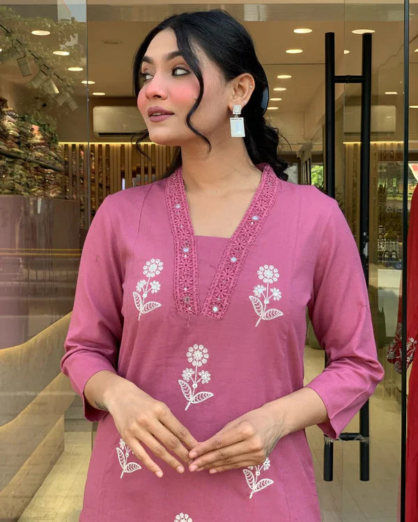 Libas Charming Rose Pink Floral Embroidered Cotton Suit Set
