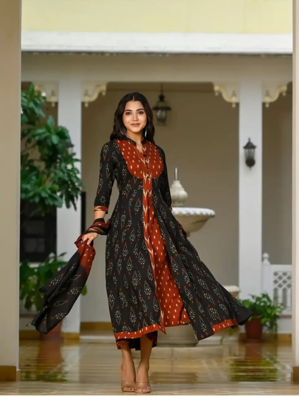 Libas Elegant Black & Rust Ikat Print Anarkali Suit Set