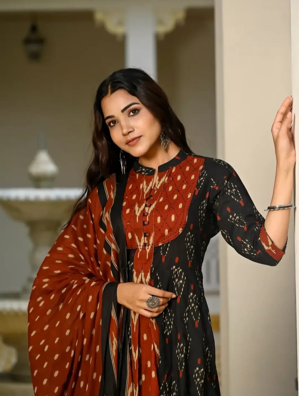 Libas Elegant Black & Rust Ikat Print Anarkali Suit Set