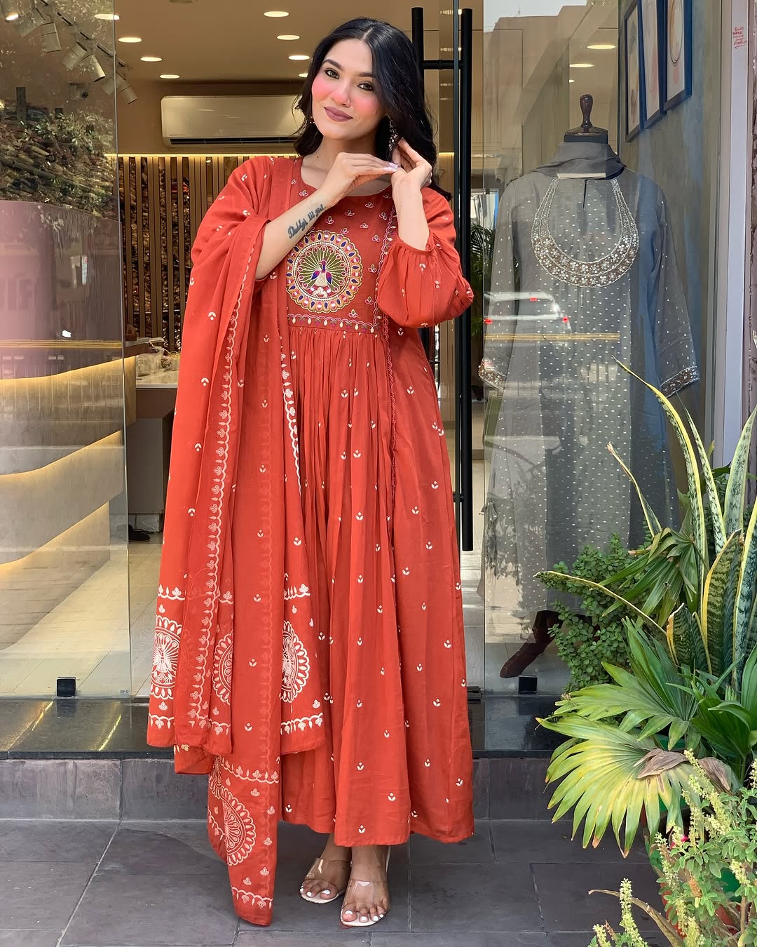 Libas Vibrant Rust Anarkali Suit With Embroidered Dupatta