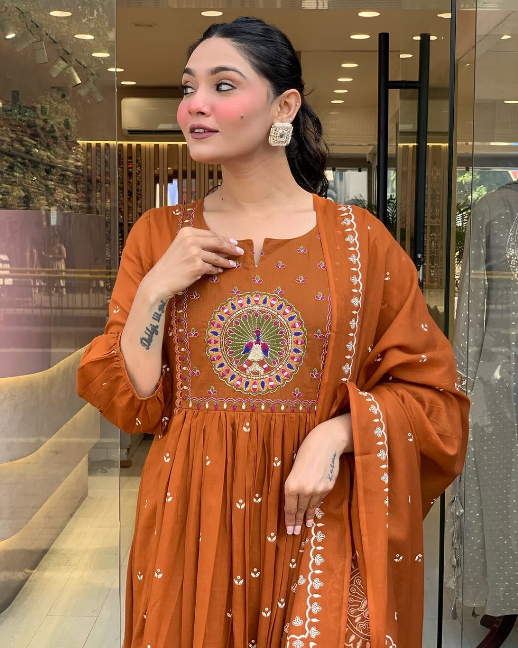 Libas Elegant Rust Orange Anarkali Suit With Intricate Embroidery