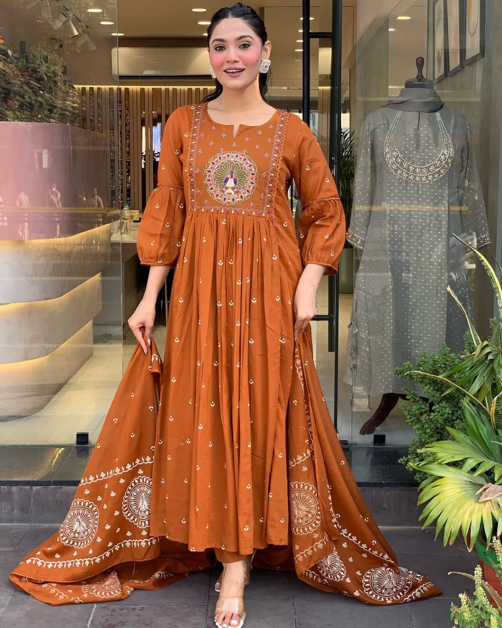 Libas Elegant Rust Orange Anarkali Suit With Intricate Embroidery