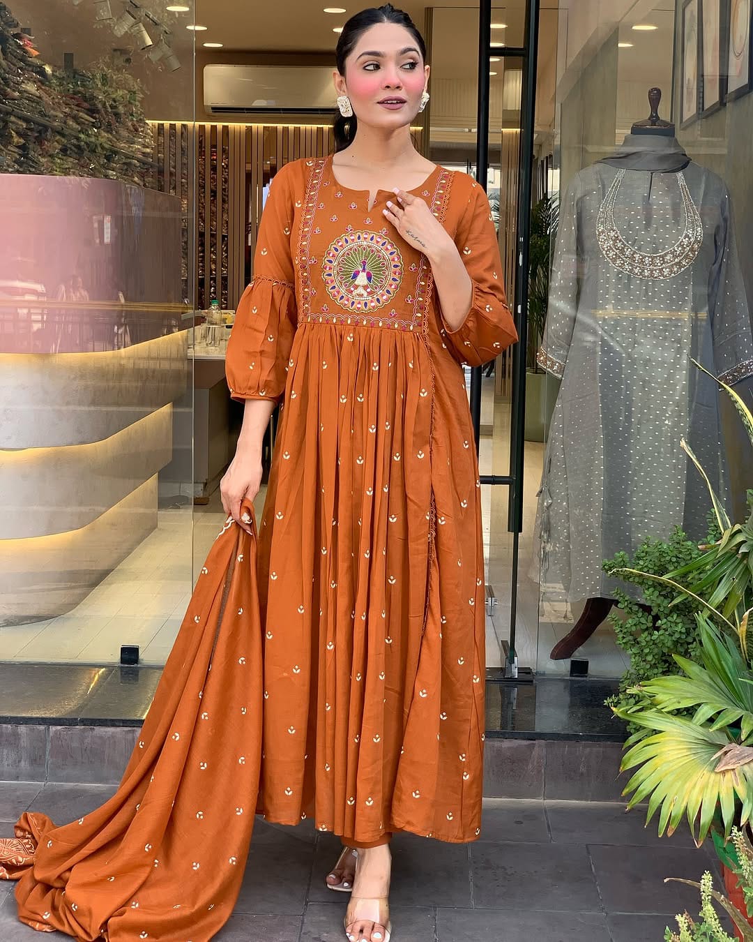 Libas Elegant Rust Orange Anarkali Suit With Intricate Embroidery