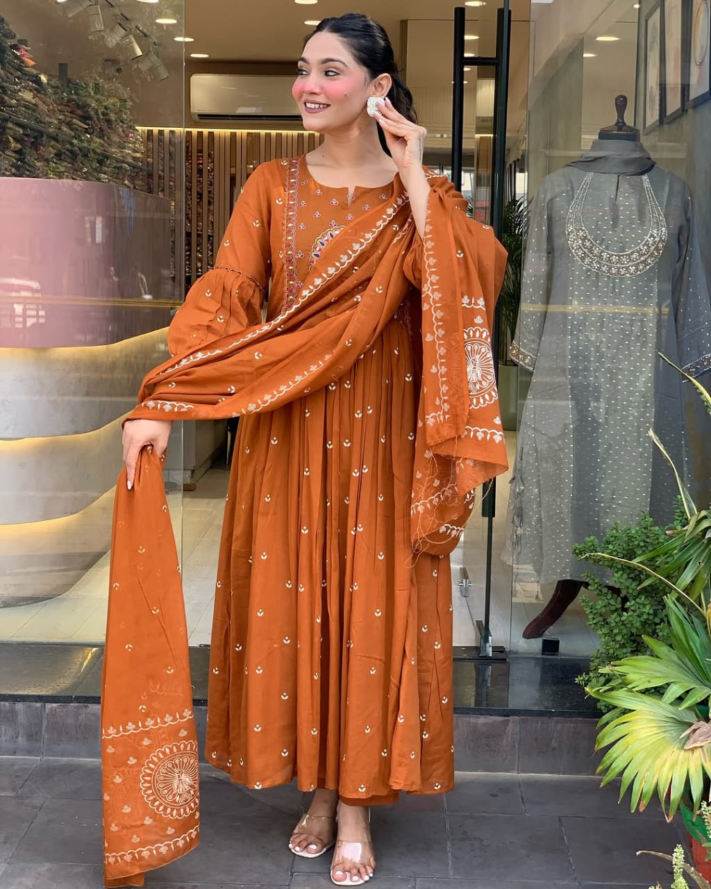 Libas Elegant Rust Orange Anarkali Suit With Intricate Embroidery