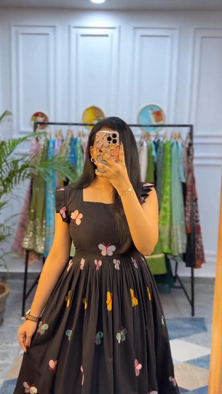 Libas Elegant Black Floral Printed Cotton Midi Dress For Women