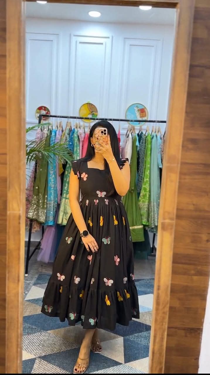 Libas Elegant Black Floral Printed Cotton Midi Dress For Women