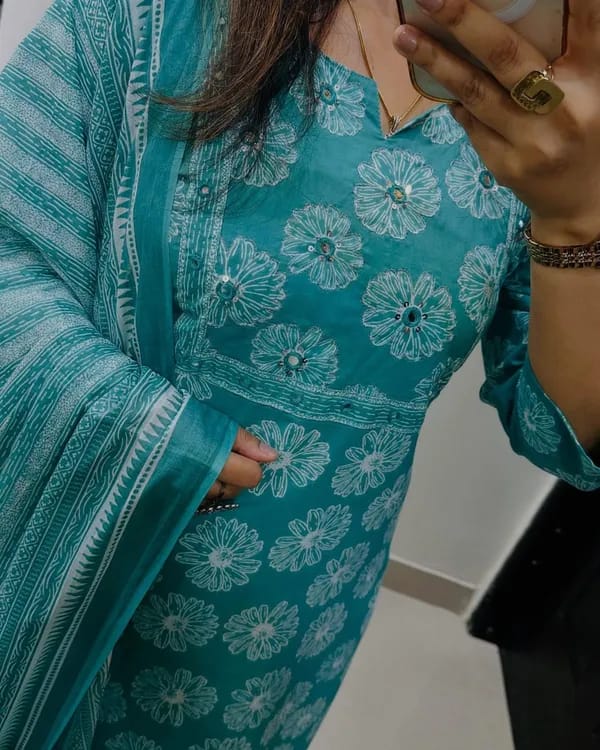 Libas Turquoise Cotton Suit Set With Floral Prints
