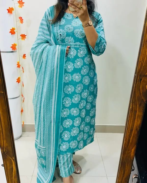 Libas Turquoise Cotton Suit Set With Floral Prints