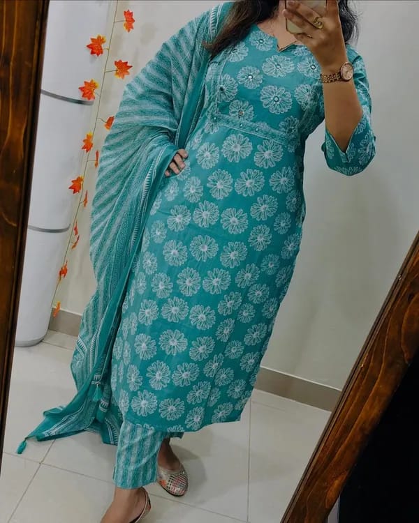 Libas Turquoise Cotton Suit Set With Floral Prints