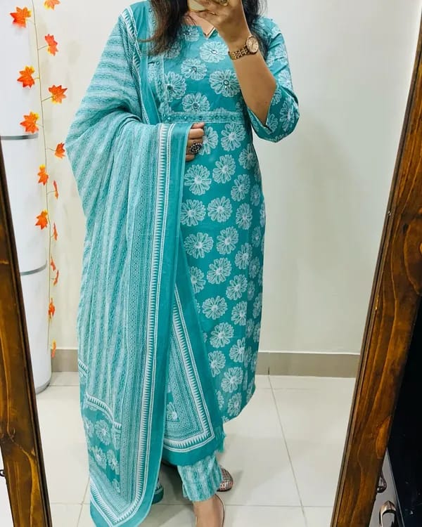 Libas Turquoise Cotton Suit Set With Floral Prints