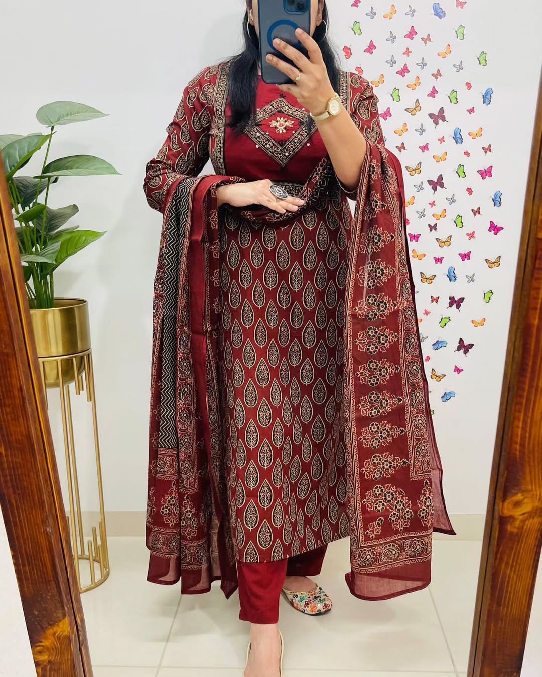 Libas Elegant Maroon Block Print Cotton Suit Set