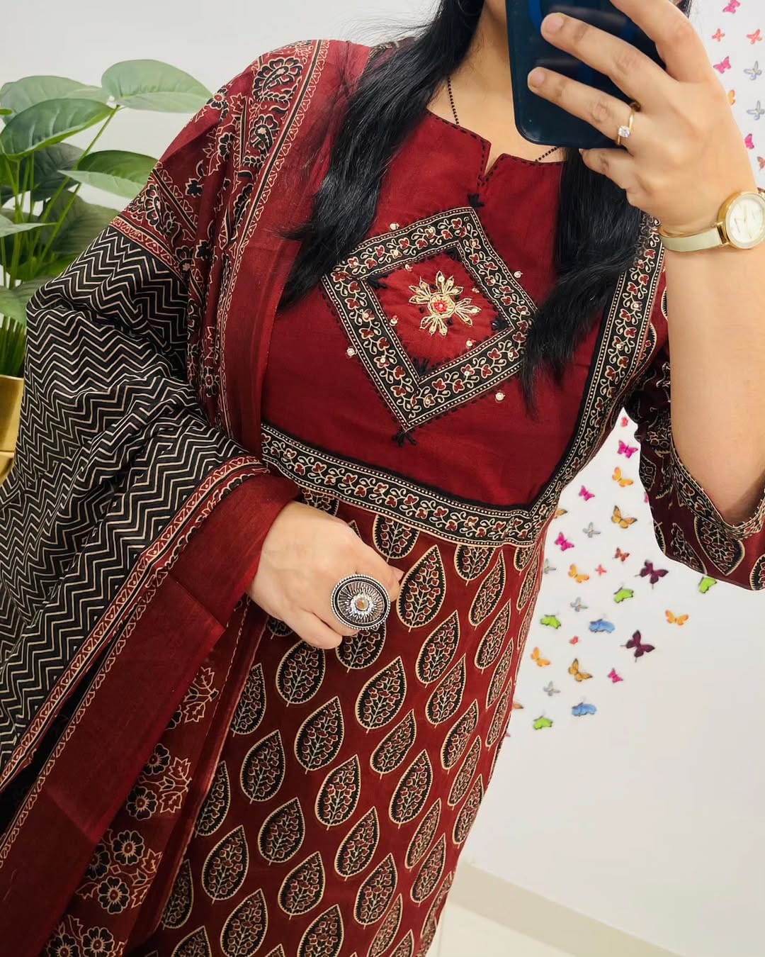 Libas Elegant Maroon Block Print Cotton Suit Set