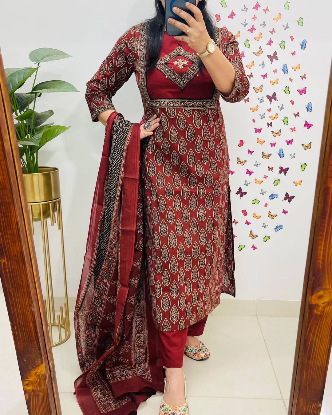 Libas Elegant Maroon Block Print Cotton Suit Set