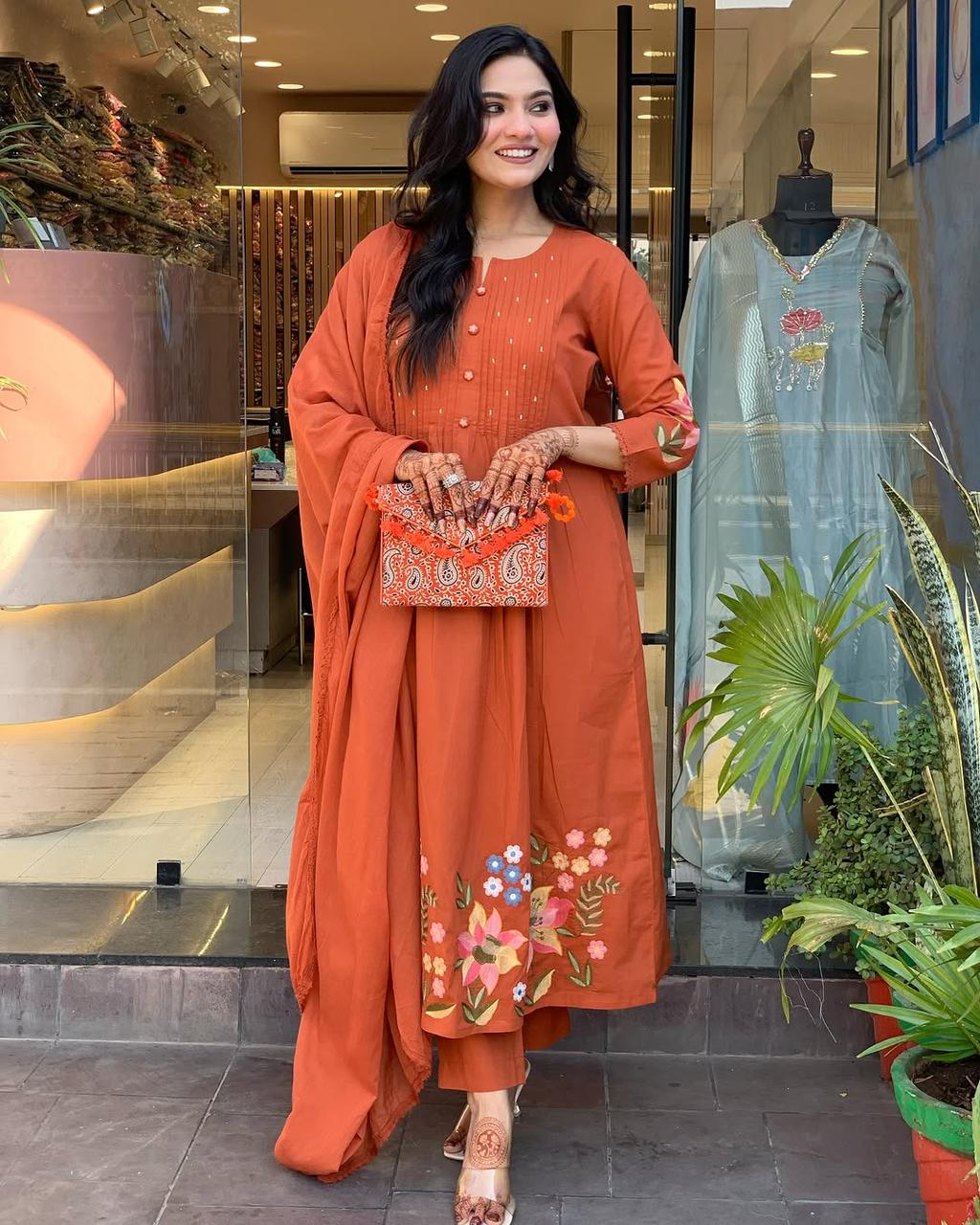 Libas Rust Orange Floral Kurta Set with Dupatta