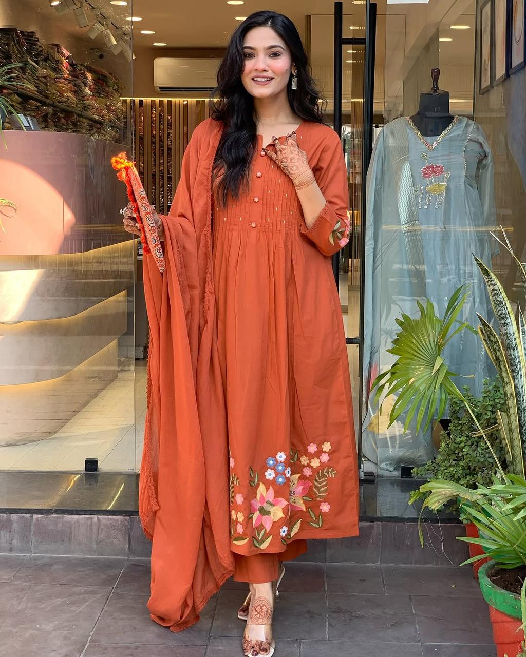Libas Rust Orange Floral Kurta Set with Dupatta