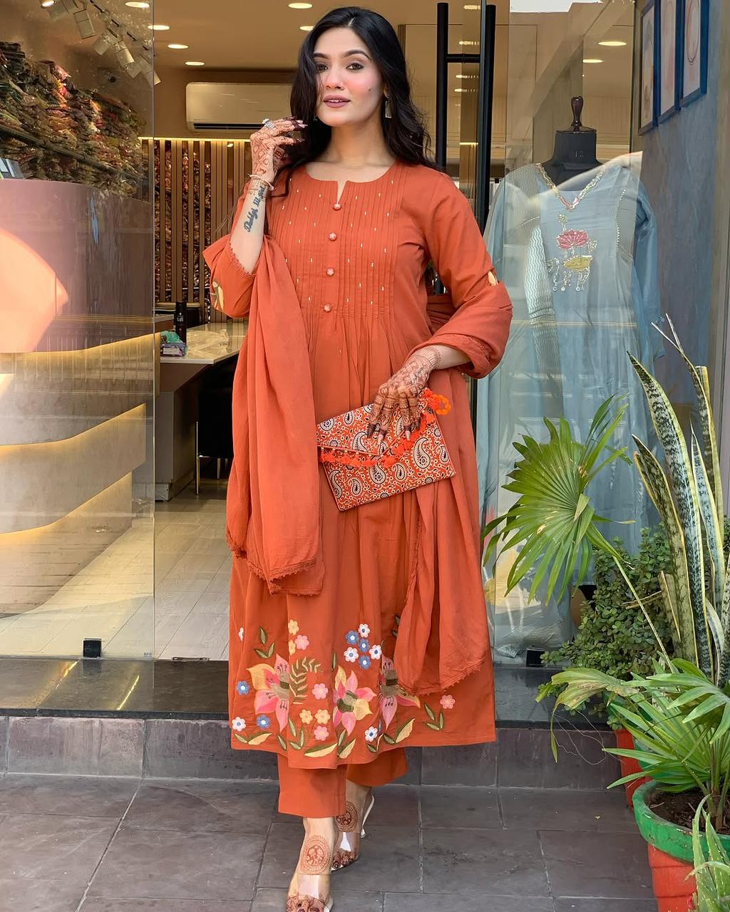 Libas Rust Orange Floral Kurta Set with Dupatta