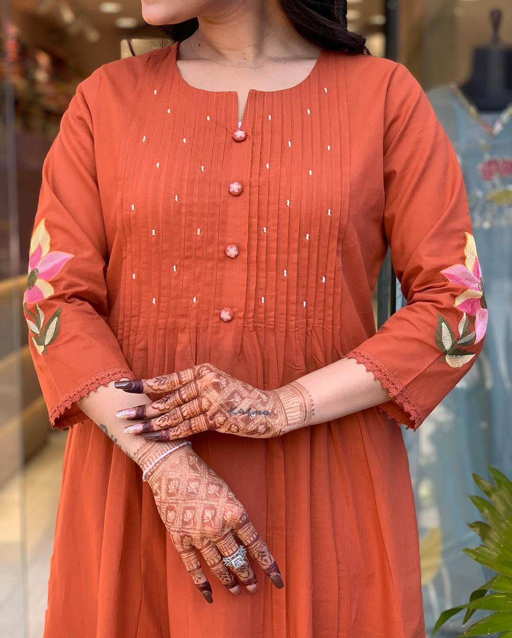Libas Rust Orange Floral Kurta Set with Dupatta