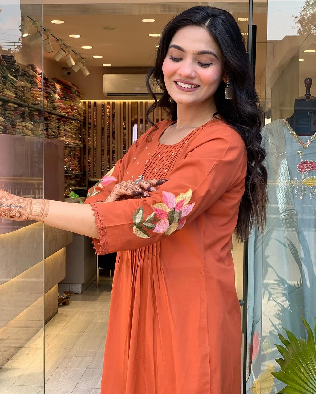 Libas Rust Orange Floral Kurta Set with Dupatta