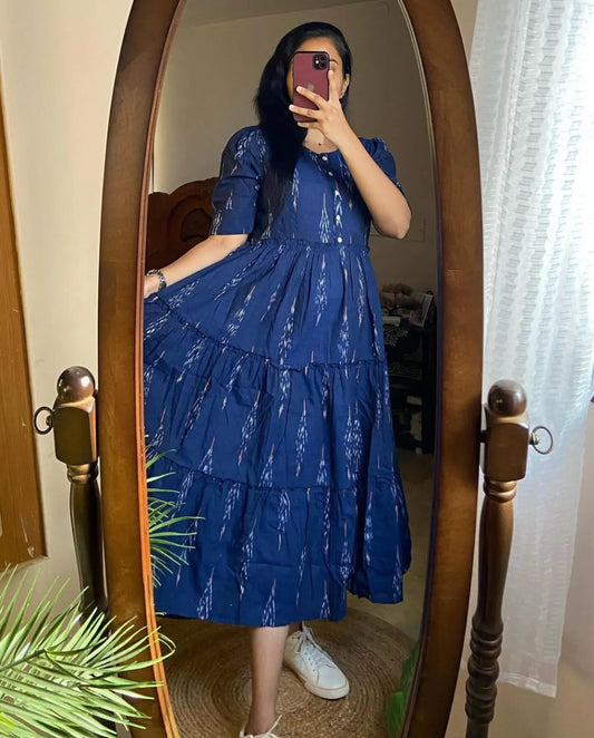 Libas Kurta Blue Ikat Cotton Flair Middy Gown For Women